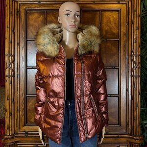 NWOT Roiii Copper Brown Faux Fur Hood Cotton Blend Parka Puffer Jacket